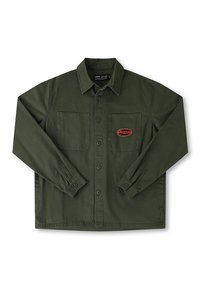 Olive green button-up shirt featuring two chest pockets, a branded patch on the left pocket, and long sleeves with buttoned cuffs.
