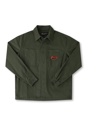 Olive green button-up shirt featuring two chest pockets, a branded patch on the left pocket, and long sleeves with buttoned cuffs.