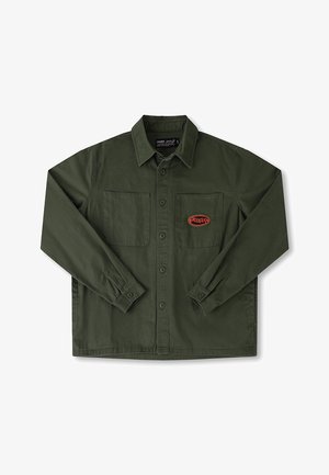 Olive green button-up shirt featuring two chest pockets, a branded patch on the left pocket, and long sleeves with buttoned cuffs.