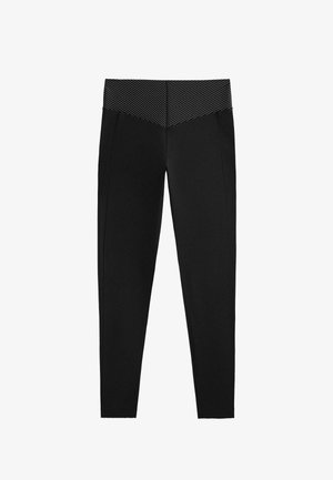 Čierne legíny s širokým, vzorovaným pásom a elegantným dizajnom. Vyrobené z pružného, textúrovaného materiálu pre pohodlie a flexibilitu.