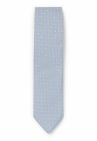 Hellblaues Krawatte aus strukturiertem Stoff, verziert mit einem Muster aus kleinen weißen Quadraten. Traditionelle schmale Form mit spitzem Ende.