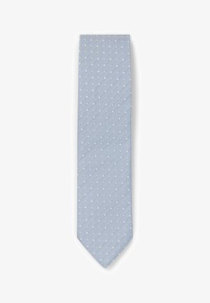 Light blue tie with a textured fabric, featuring a pattern of small white squares throughout. Traditional narrow shape with pointed tip.