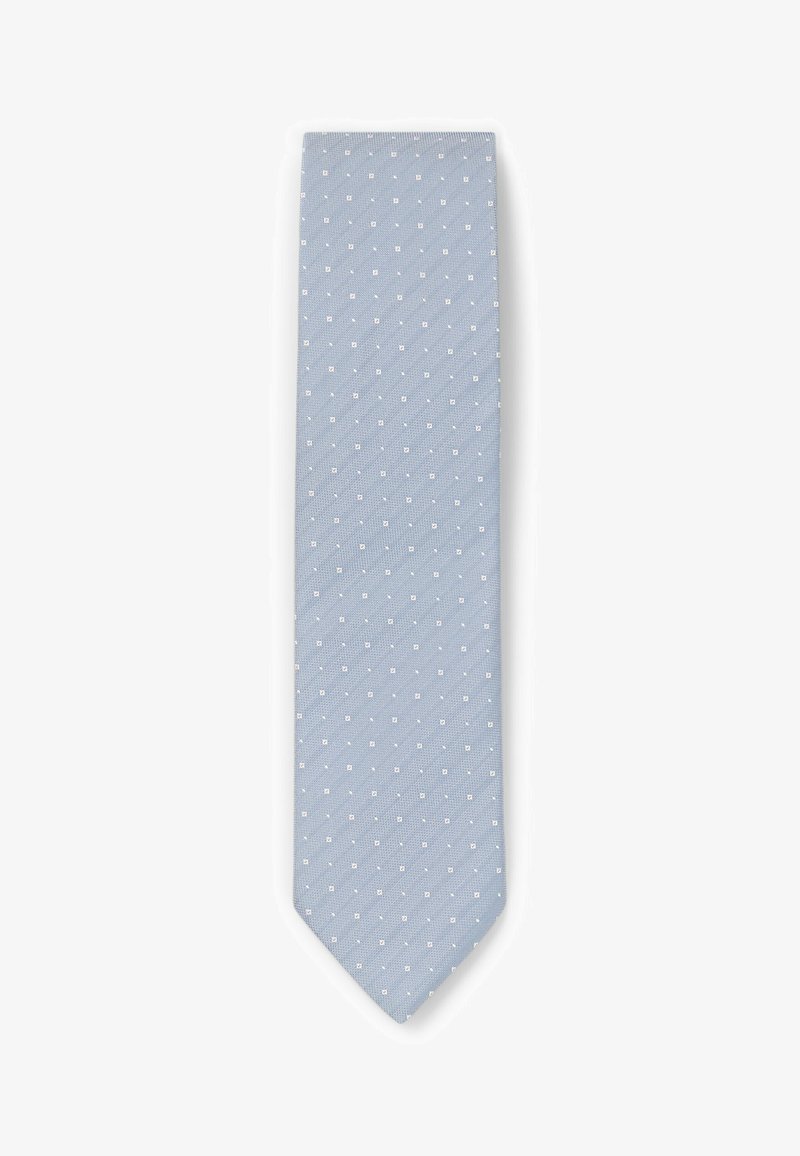 Hellblaues Krawatte aus strukturiertem Stoff, verziert mit einem Muster aus kleinen weißen Quadraten. Traditionelle schmale Form mit spitzem Ende.