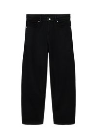 Czarne dżinsy z wysokim stanem i szerokimi nogawkami, z przodem zapinanym na guziki i zamek, z szlufkami na pasek oraz z pięcioma kieszeniami, na białym tle.