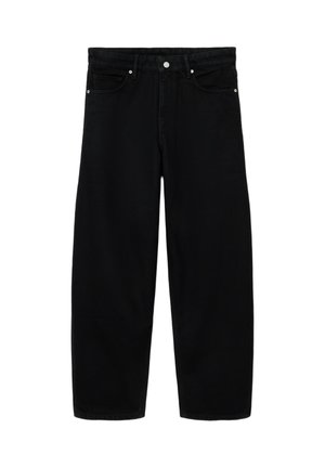 Schwarze Jeans mit hoher Taille und weitem Bein, vorne mit Knopf- und Reißverschluss, Gürtelschlaufen und Fünf-Taschen-Design vor weißem Hintergrund.