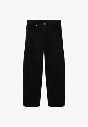 Zwarte jeans met hoge taille en wijde pijpen, met knoop- en ritssluiting aan de voorkant, riemlussen en vijf zakken, op een witte achtergrond.