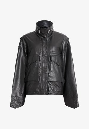 Black leather jacket with a high collar, zip closure, and two front pockets. Features a slightly cropped design and smooth texture.