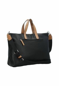 Borsa a tracolla nera in pelle con accenti beige, doppio manico, tracolla regolabile, una tasca frontale con zip e superficie testurizzata.