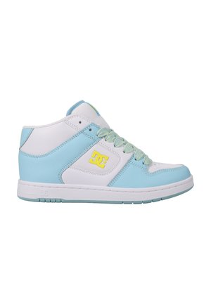 Blue and white high-top sneakers with textured leather, yellow logo, and multi-colored laces. Flat rubber sole for grip.