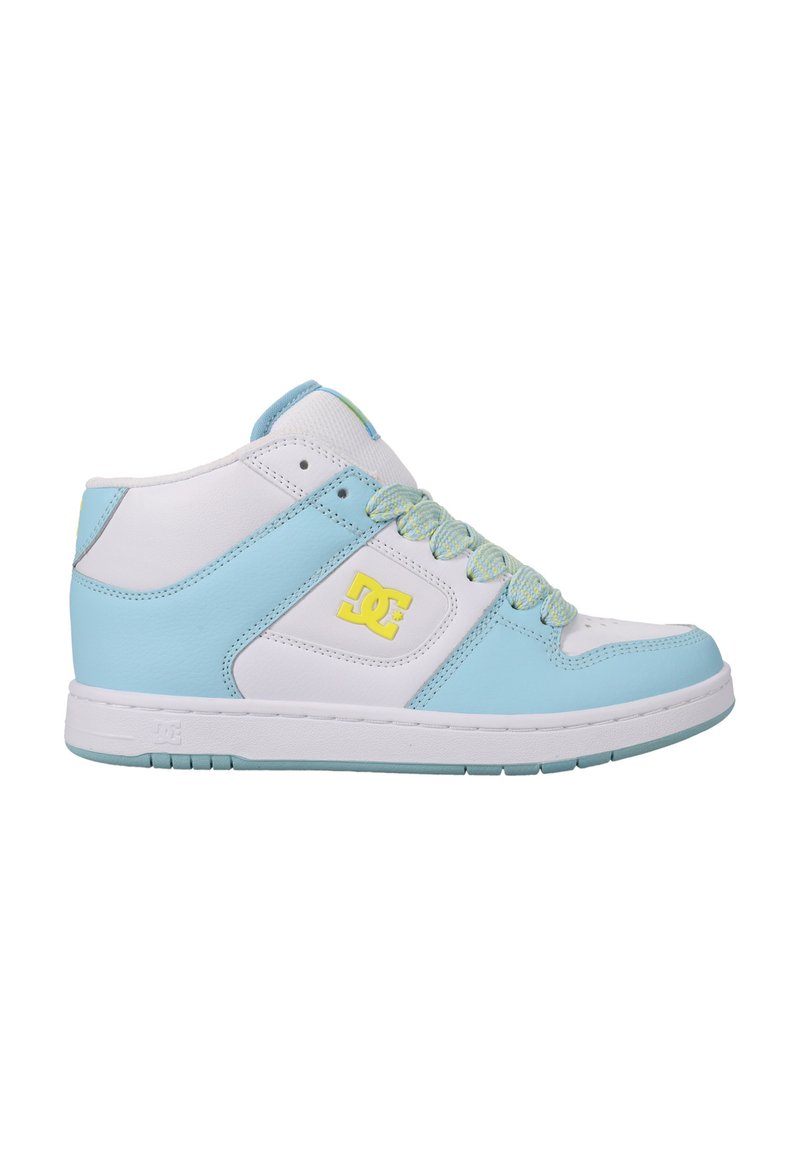 Blue and white high-top sneakers with textured leather, yellow logo, and multi-colored laces. Flat rubber sole for grip.