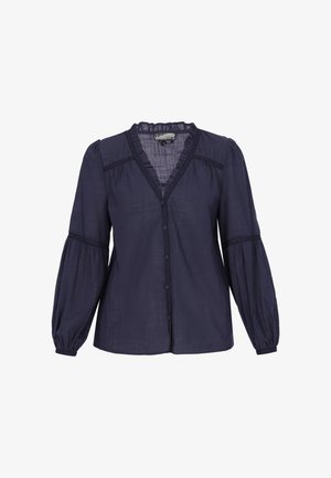 Cămașă bleumarin cu nasturi, dintr-un material ușor, cu decolteu în formă de V, volane la gât și mâneci lungi bufante cu dantelă la margine.