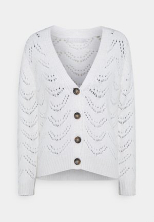 Hvid strikket cardigan med V-hals, lange ærmer, chevron hulmønster og fire mørke knapper foran.