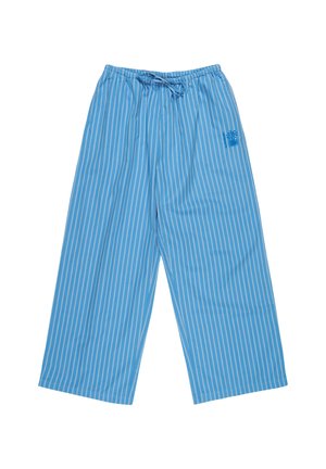 Blauw gestreepte wijde broek met elastische tailleband en trekkoord. Heeft een klein geborduurd detail aan de voorkant. Gemaakt van lichtgewicht stof.