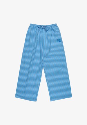 Blaue, gestreifte Hose mit weitem Bein, elastischem Bund und Kordelzug. Verfügt über ein kleines, besticktes Detail auf der Vorderseite. Hergestellt aus leichtem Stoff.