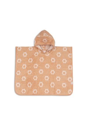 Poncho serviette à capuche marron clair avec motifs de fleurs blanches, texture douce et bords arrondis, conçu pour un port facile et confortable.