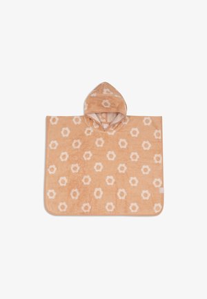 Poncho serviette à capuche marron clair avec motifs de fleurs blanches, texture douce et bords arrondis, conçu pour un port facile et confortable.