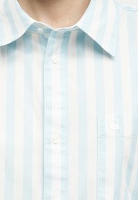 Κοντινό πλάνο ενός ατόμου που φοράει ένα ανοιχτό μπλε και λευκό πουκάμισο με κάθετες ρίγες, με γιακά και μικρή τσέπη στο στήθος.