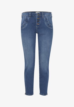 Jeans in denim blu scuro con vita alta, chiusura frontale a cinque bottoni e zip laterali sulle estremità. Presentano tasche anteriori e dettagli cuciti.