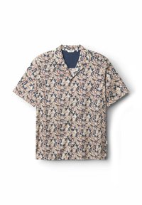 Short-sleeve collared shirt in a floral pattern, featuring light and dark tones on a navy background, with buttons down the front.