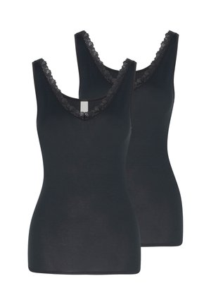 Two black sleeveless women's tops with lace-trimmed V-necks, fitted style, displayed against a white background.