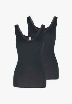 Deux hauts noirs sans manches pour femmes avec décolletés en V bordés de dentelle, style ajusté, présentés sur un fond blanc.