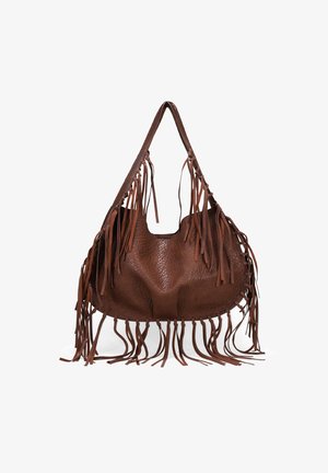 Bolso de hombro de cuero marrón con flecos a lo largo de los lados, una superficie texturizada y una forma redondeada. Correa ajustable para diversas opciones de transporte.