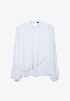 Weiße Bluse mit langen Ärmeln aus glattem Stoff, mit hohem Kragen, Schlüsselaußenschlitz hinten und einem geschichteten Vorderdesign mit sanften Drapierungen.