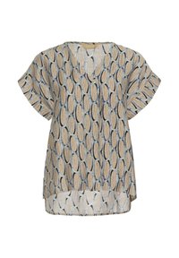 Blouse beige à motif avec col en V, manches courtes, présentant un design de cercles superposés en bleu marine et bleu clair. Tissu doux et léger.