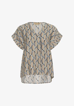 Beige kuviollinen pusero, jossa V-pääntie ja lyhyet hihat, päällkkäiset ympyräkuviot tummansinisen ja vaaleansinisen sävyissä. Pehmeää, kevyttä kangasta.