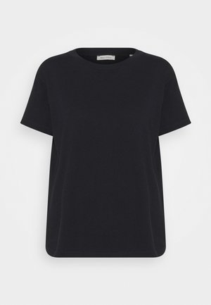 Zwart T-shirt met korte mouwen en ronde hals, met een normale pasvorm en gladde stof, afgebeeld op een effen witte achtergrond.