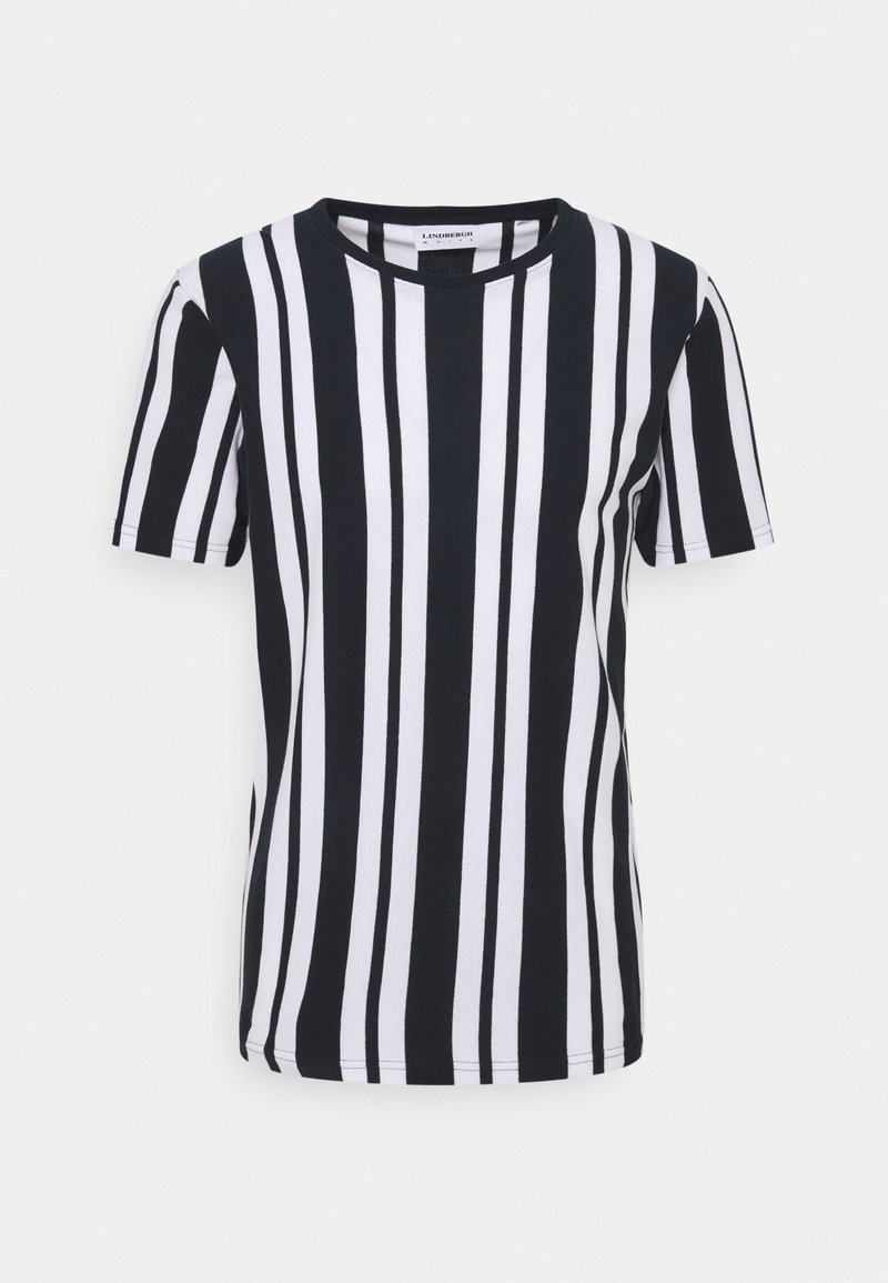 Svart och vitrandig T-shirt med korta ärmar, rund halsringning och bomullsliknande textur. Vertikala ränder av varierande bredder.