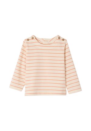 Long-sleeve cream shirt with thin orange horizontal stripes and two button closures on each shoulder.
