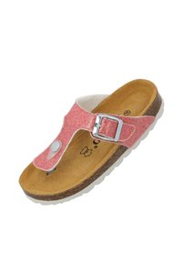 Pink glittered sandal with a cork footbed, adjustable strap, silver buckle detail, white outsole, and soft inner lining.