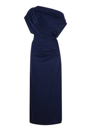 Navy blauwe jurk, één-schouder ontwerp, gedrapeerde stof, aangesloten taille, knielang met zij gathering en subtiele textuur.