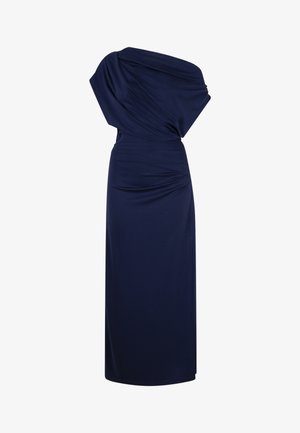 Navy blauwe jurk, één-schouder ontwerp, gedrapeerde stof, aangesloten taille, knielang met zij gathering en subtiele textuur.