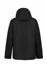 Zwarte waterdichte jas met een capuchon, met een soepele textuur en rechte silhoutte. Geen zichtbare hardware of patronen. Achteraanzicht weergegeven.