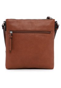 Braune Leder-Crossbody-Tasche mit texturierter Oberfläche, Reißverschluss und Fronttasche. Verfügt über einen abnehmbaren Riemen und metallische Hardware-Akzente.