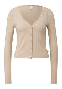 Cardigan beige côtelé boutonné, manches longues et col en V, avec cinq boutons sur le devant et une coupe courte.
