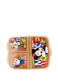 Plastikbrotbox mit transparentem Deckel, ausgestattet mit bunten Disney-Charakteren und Buchstaben. Zwei Fächer mit leuchtenden Grafiken und verspieltem Design.