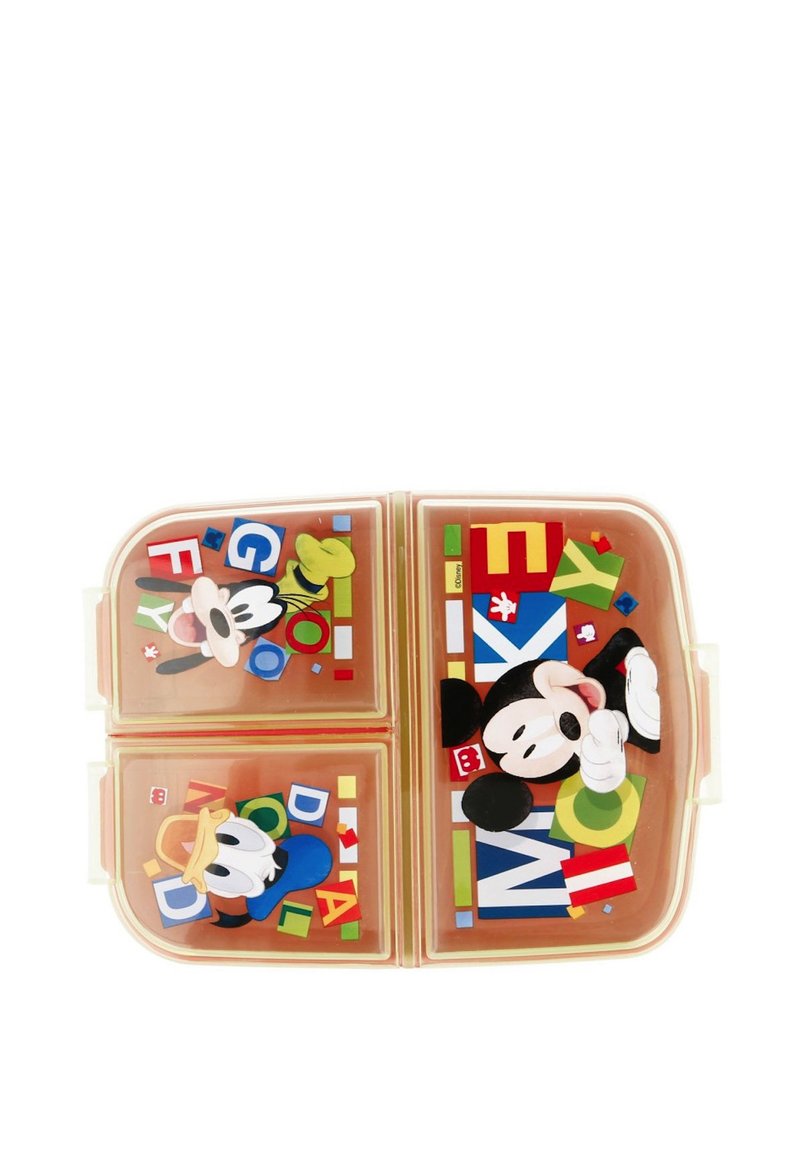 Plastikbrotbox mit transparentem Deckel, ausgestattet mit bunten Disney-Charakteren und Buchstaben. Zwei Fächer mit leuchtenden Grafiken und verspieltem Design.