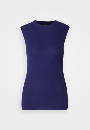 Purple sleeveless ribbed top with a crew neckline, fitted shape, and smooth texture. Minimalist design with no visible hardware or embellishments.