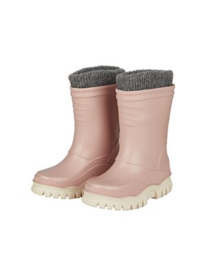 Pink rubber boots with a textured gray knit cuff. Features a chunky white sole and ridged design on the upper for grip and support.