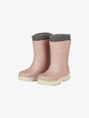 Rosa Gummistiefel mit einem strukturierten grauen Strickbündchen. Mit einer klobigen weißen Sohle und einem geriffelten Design an der oberen Seite für Grip und Unterstützung.