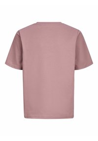 Ein schlichtes T-Shirt mit kurzen Ärmeln in einem sanften Mauve-Ton, von hinten betrachtet, mit Rundhalsausschnitt und entspanntem Schnitt.