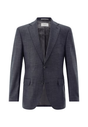 Einreihiger dunkelgrauer Herrenblazer mit zwei Knöpfen, Kerbklappen, Frontklappentaschen und gemustertem Innenfutter, dargestellt vor weißem Hintergrund.