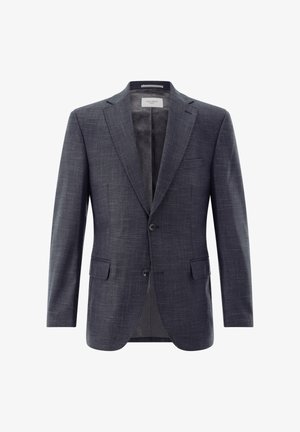 Einreihiger dunkelgrauer Herrenblazer mit zwei Knöpfen, Kerbklappen, Frontklappentaschen und gemustertem Innenfutter, dargestellt vor weißem Hintergrund.