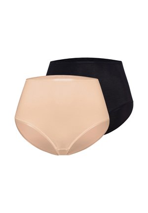 Due slip a vita alta in beige e nero, mostrati su uno sfondo bianco, con bordi senza cuciture e una finitura del tessuto liscia.