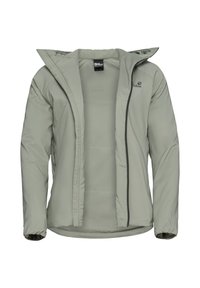 Giacca isolante grigio chiaro con cappuccio, chiusura con zip e polsini elasticizzati. Il tessuto ha una texture liscia con una minima brandizzazione sul petto.