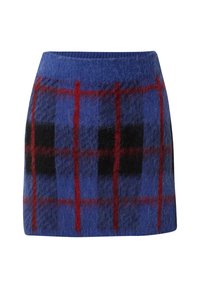 Korte wollen rok in het blauw met een rood en zwart geruit patroon. Heeft een geribbelde tailleband en een recht model. Zachte textuur en warme uitstraling.