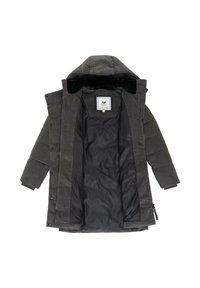 Svart puffjacka med kordflodertyg, har huva, tryckknappar och en mjuk svart foder. Inkluderar fickor med dragkedja på sidorna.